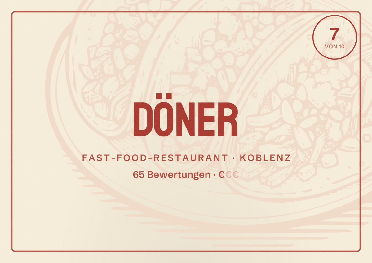 Illustriertes Poster von Döner, Fast-Food-Restaurant in Koblenz: Bewertung 7 von 10 aus 65 Bewertungen, Preisniveau €