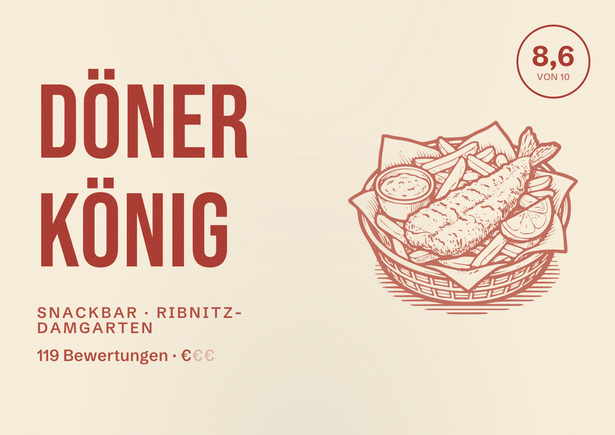 Illustriertes Poster von Döner König, Snackbar in Ribnitz-Damgarten: Bewertung 8,6 von 10 aus 119 Bewertungen, Preisniveau €