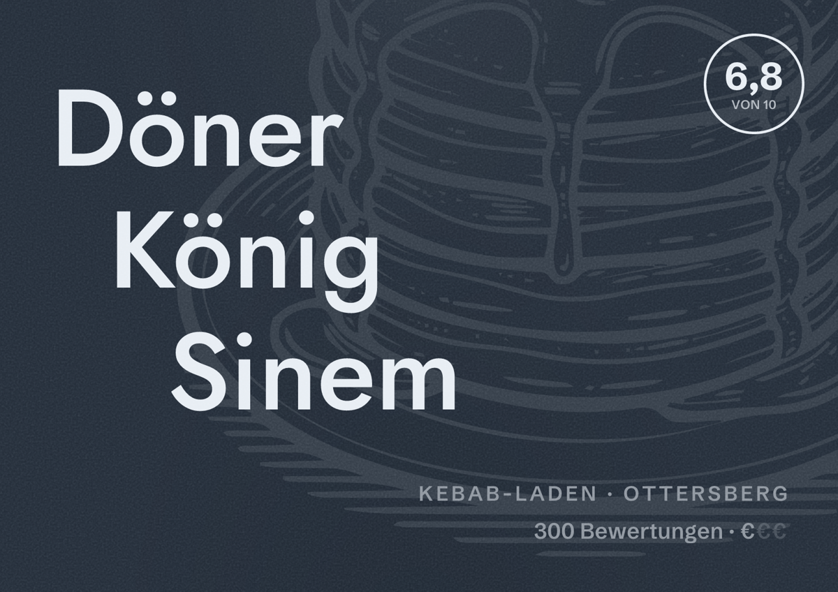 Illustriertes Poster von Döner König Sinem, Kebab-Laden in Ottersberg: Bewertung 6,8 von 10 aus 300 Bewertungen, Preisniveau €