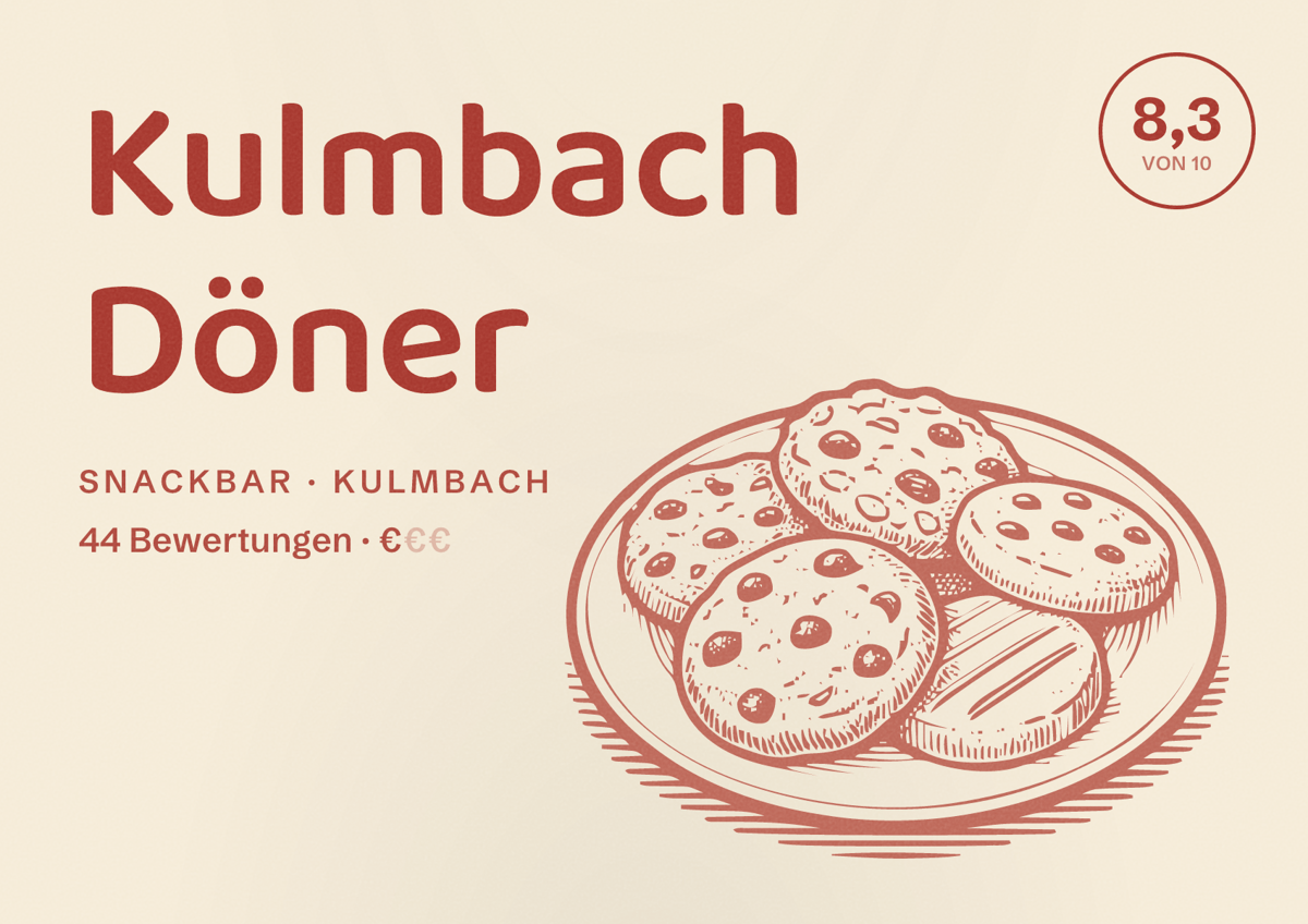 Illustriertes Poster von Kulmbach Döner, Snackbar in Kulmbach: Bewertung 8,3 von 10 aus 44 Bewertungen, Preisniveau €
