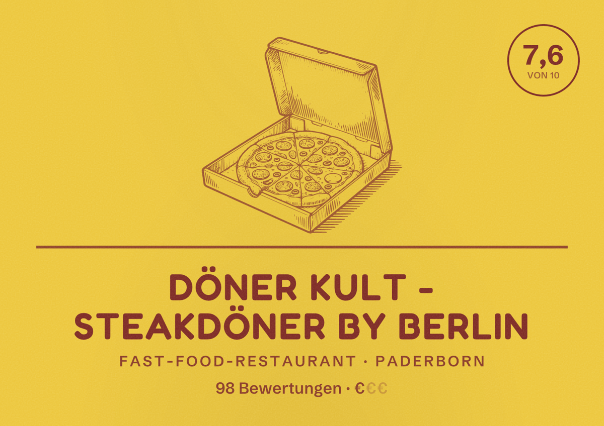 Illustriertes Poster von Döner Kult - Steakdöner by Berlin, Fast-Food-Restaurant in Paderborn: Bewertung 7,6 von 10 aus 98 Bewertungen, Preisniveau €