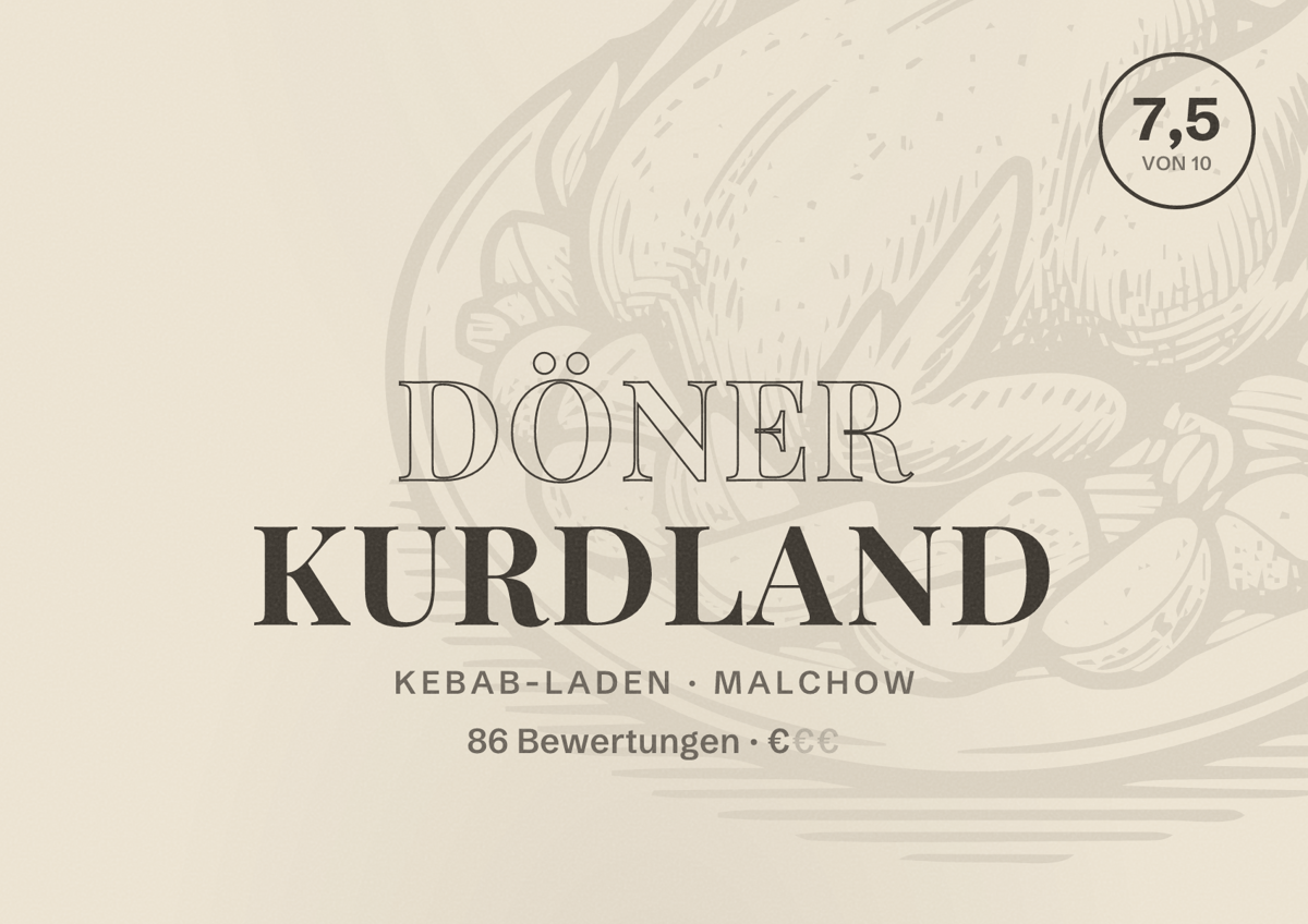 Illustriertes Poster von Döner Kurdland, Kebab-Laden in Malchow: Bewertung 7,5 von 10 aus 86 Bewertungen, Preisniveau €