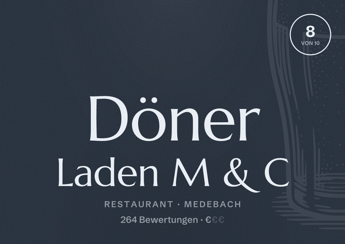 Illustriertes Poster von Döner Laden M & C, Restaurant in Medebach: Bewertung 8 von 10 aus 264 Bewertungen, Preisniveau €