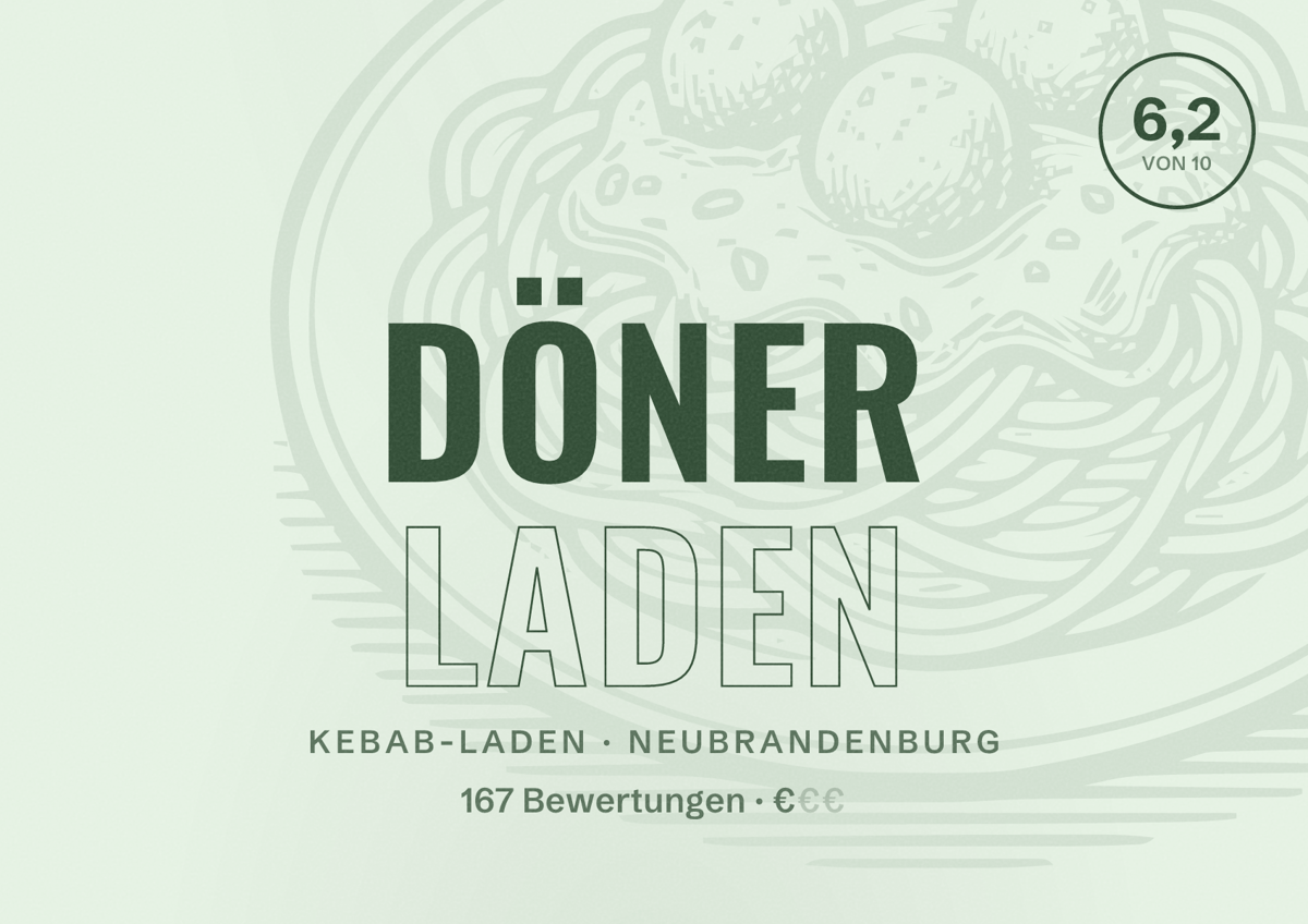 Illustriertes Poster von Döner Laden, Kebab-Laden in Neubrandenburg: Bewertung 6,2 von 10 aus 167 Bewertungen, Preisniveau €