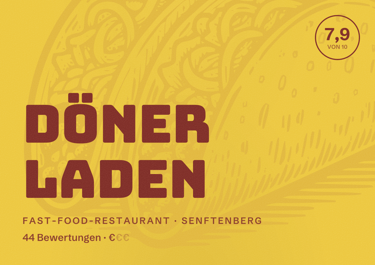 Illustriertes Poster von Döner Laden, Fast-Food-Restaurant in Senftenberg: Bewertung 7,9 von 10 aus 44 Bewertungen, Preisniveau €