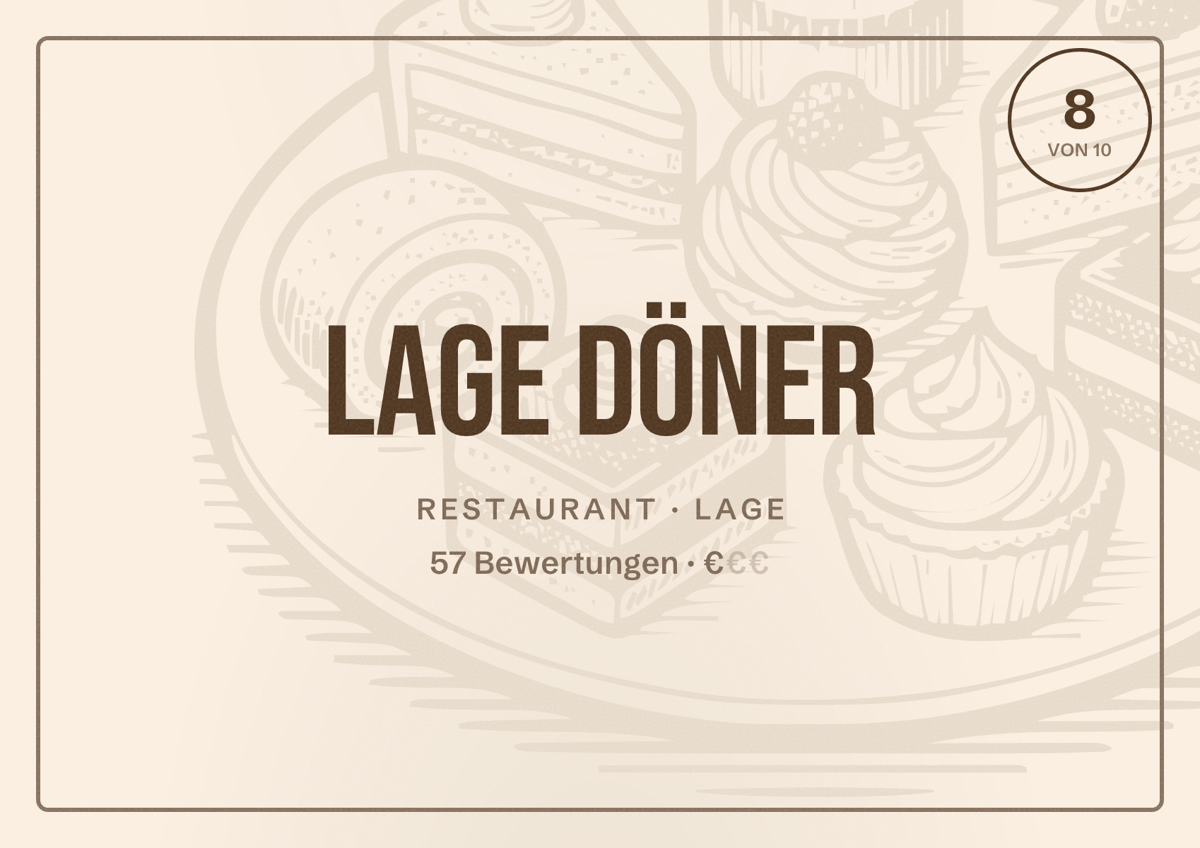 Illustriertes Poster von Lage Döner, Restaurant in Lage: Bewertung 8 von 10 aus 57 Bewertungen, Preisniveau €
