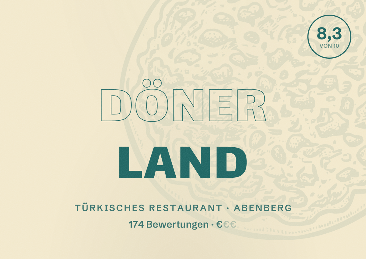 Illustriertes Poster von Döner Land, Türkisches Restaurant in Abenberg: Bewertung 8,3 von 10 aus 174 Bewertungen, Preisniveau €