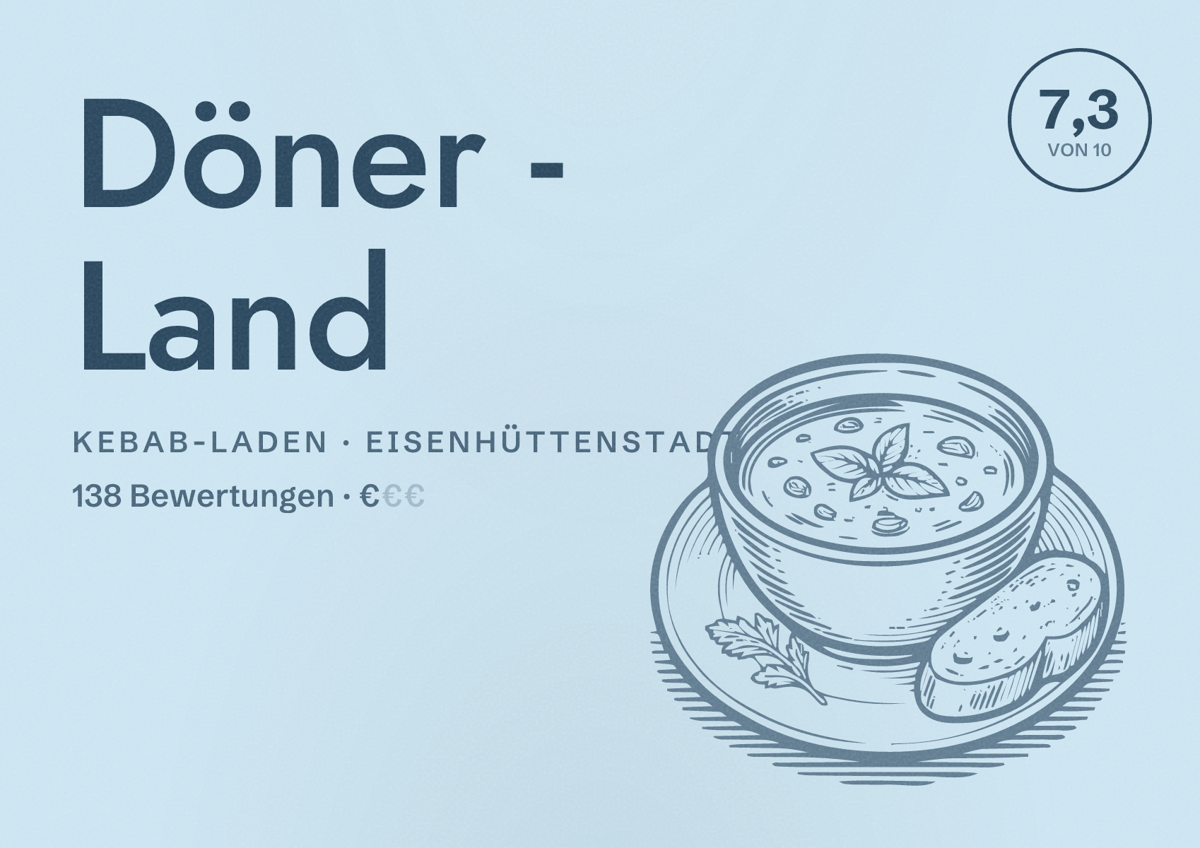 Illustriertes Poster von Döner - Land, Kebab-Laden in Eisenhüttenstadt: Bewertung 7,3 von 10 aus 138 Bewertungen, Preisniveau €