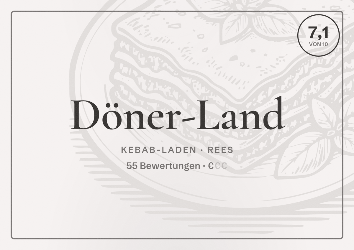 Illustriertes Poster von Döner-Land, Kebab-Laden in Rees: Bewertung 7,1 von 10 aus 55 Bewertungen, Preisniveau €