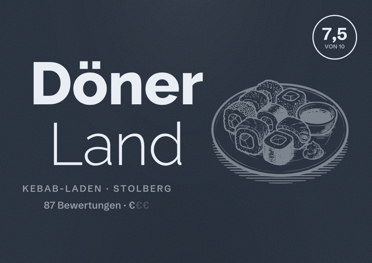 Illustriertes Poster von Döner Land, Kebab-Laden in Stolberg: Bewertung 7,5 von 10 aus 87 Bewertungen, Preisniveau €