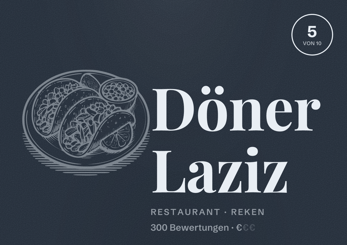 Illustriertes Poster von Döner Laziz, Restaurant in Reken: Bewertung 5 von 10 aus 300 Bewertungen, Preisniveau €
