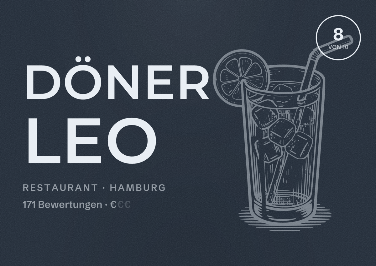 Illustriertes Poster von Döner Leo, Restaurant in Hamburg: Bewertung 8,0 von 10 aus 171 Bewertungen, Preisniveau €