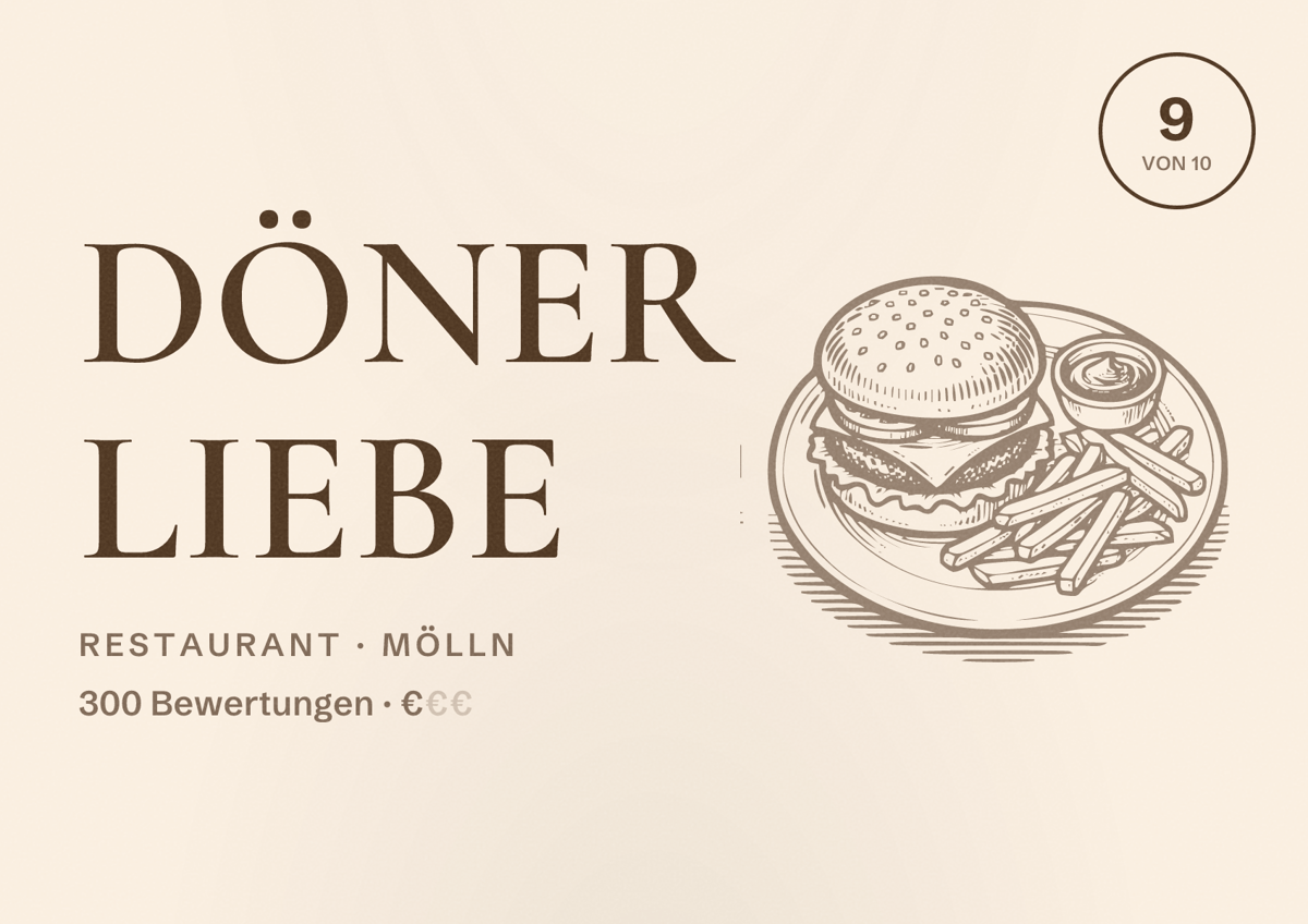 Illustriertes Poster von Döner Liebe, Restaurant in Mölln: Bewertung 9 von 10 aus 300 Bewertungen, Preisniveau €
