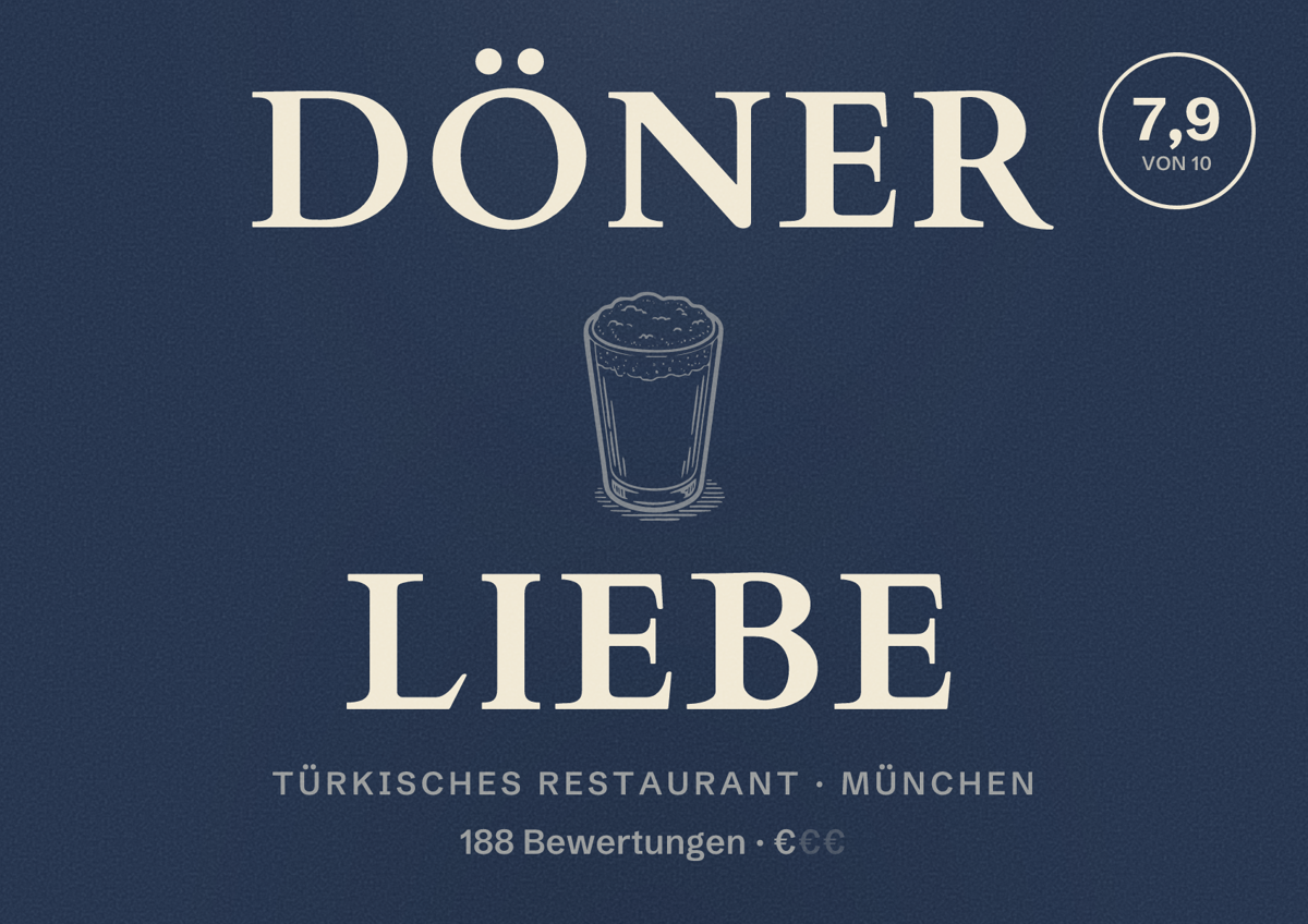 Illustriertes Poster von Döner Liebe, Türkisches Restaurant in München: Bewertung 7,9 von 10 aus 188 Bewertungen, Preisniveau €