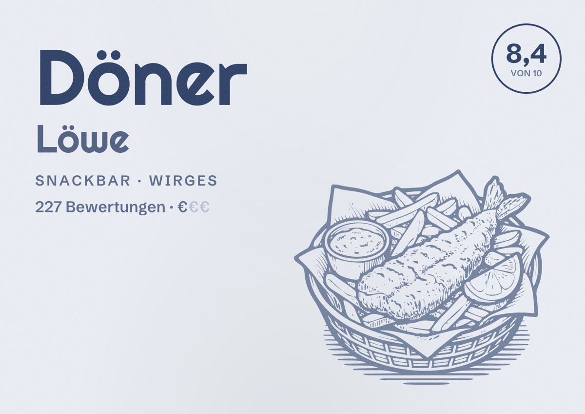 Illustriertes Poster von Döner Löwe, Snackbar in Wirges: Bewertung 8,4 von 10 aus 227 Bewertungen, Preisniveau €