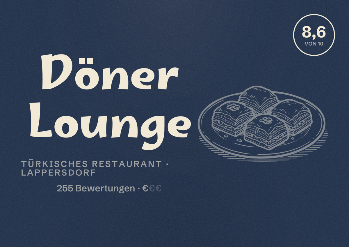 Illustriertes Poster von Döner Lounge, Türkisches Restaurant in Lappersdorf: Bewertung 8,6 von 10 aus 255 Bewertungen, Preisniveau €