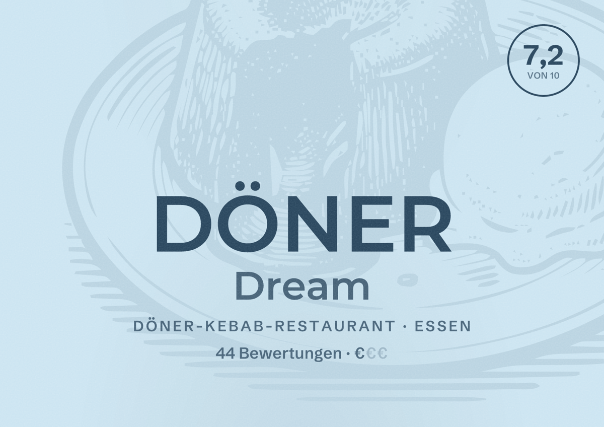Illustriertes Poster von DÖNER Dream, Döner-Kebab-Restaurant in Essen: Bewertung 7,2 von 10 aus 44 Bewertungen, Preisniveau €