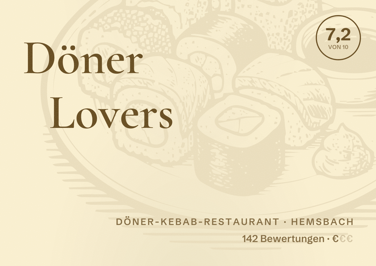 Illustriertes Poster von Döner Lovers, Döner-Kebab-Restaurant in Hemsbach: Bewertung 7,2 von 10 aus 142 Bewertungen, Preisniveau €