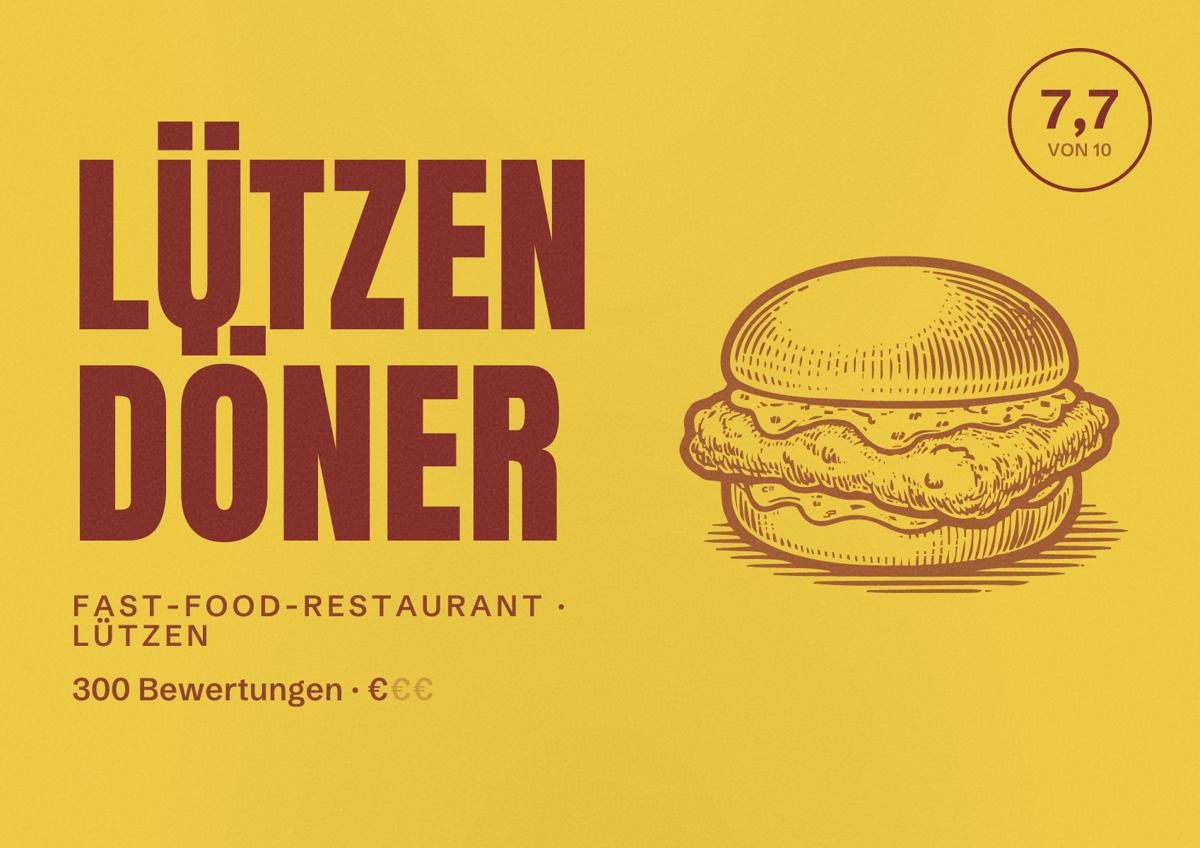 Illustriertes Poster von Lützen Döner, Fast-Food-Restaurant in Lützen: Bewertung 7,7 von 10 aus 300 Bewertungen, Preisniveau €
