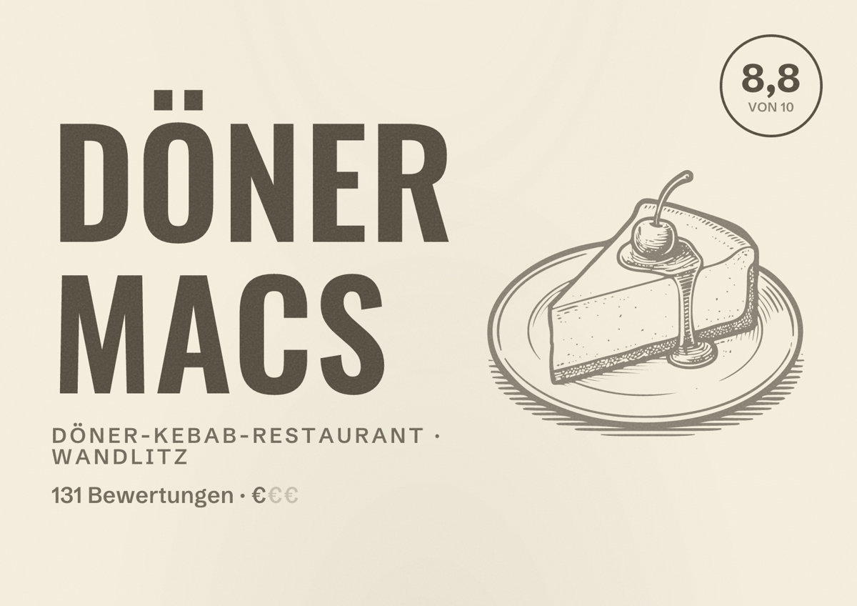 Illustriertes Poster von Döner macs, Döner-Kebab-Restaurant in Wandlitz: Bewertung 8,8 von 10 aus 131 Bewertungen, Preisniveau €
