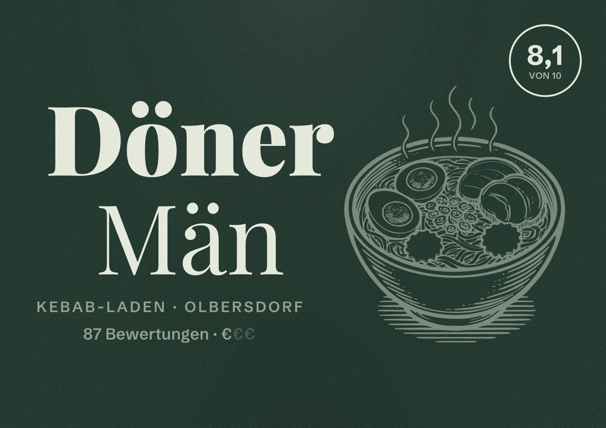 Illustriertes Poster von Döner Män, Kebab-Laden in Olbersdorf: Bewertung 8,1 von 10 aus 87 Bewertungen, Preisniveau €