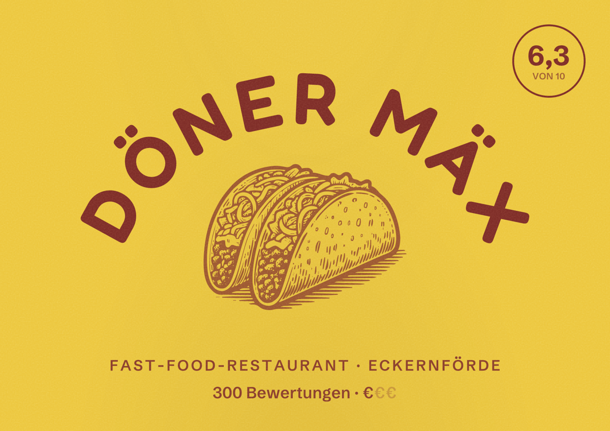 Illustriertes Poster von Döner Mäx, Fast-Food-Restaurant in Eckernförde: Bewertung 6,3 von 10 aus 300 Bewertungen, Preisniveau €