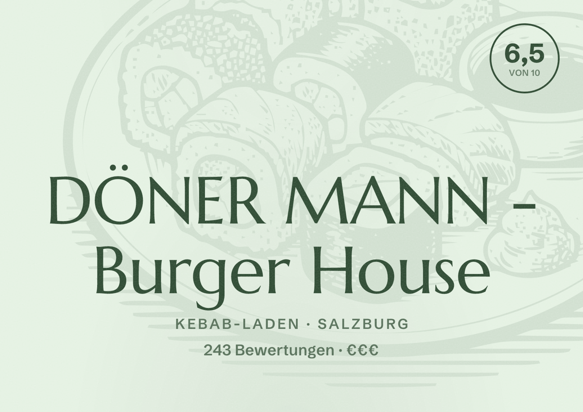Illustriertes Poster von DÖNER MANN - Burger House, Kebab-Laden in Salzburg: Bewertung 6,5 von 10 aus 243 Bewertungen, Preisniveau €€€