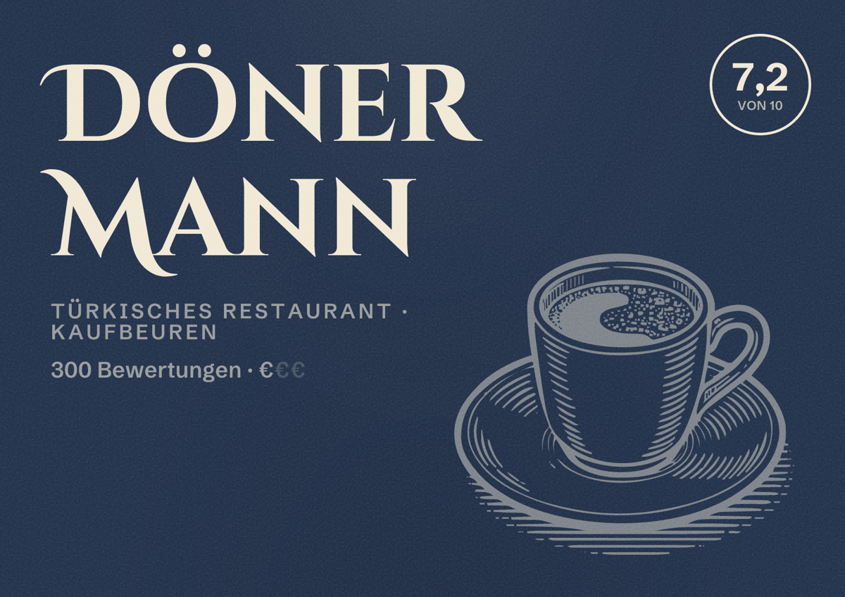 Illustriertes Poster von Döner Mann, Türkisches Restaurant in Kaufbeuren: Bewertung 7,2 von 10 aus 300 Bewertungen, Preisniveau €