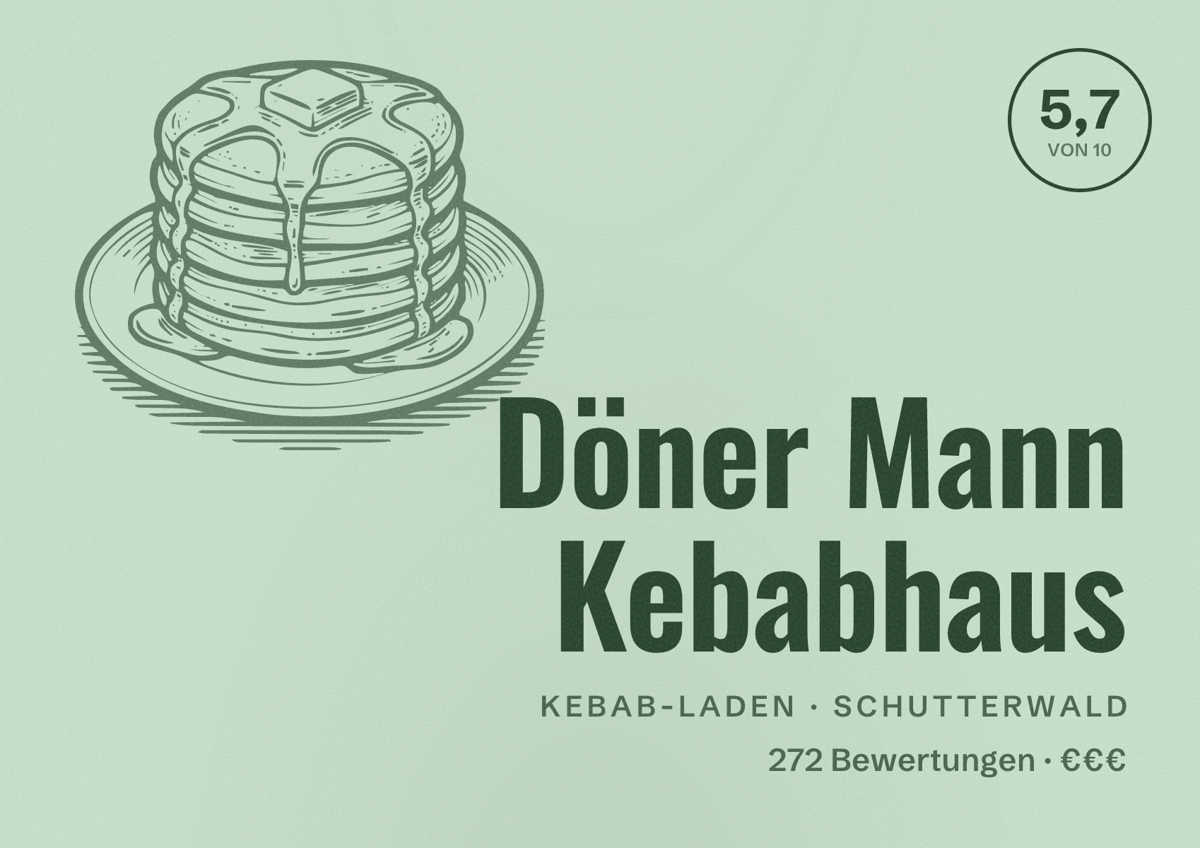 Illustriertes Poster von Döner Mann Kebabhaus, Kebab-Laden in Schutterwald: Bewertung 5,7 von 10 aus 272 Bewertungen, Preisniveau €€€