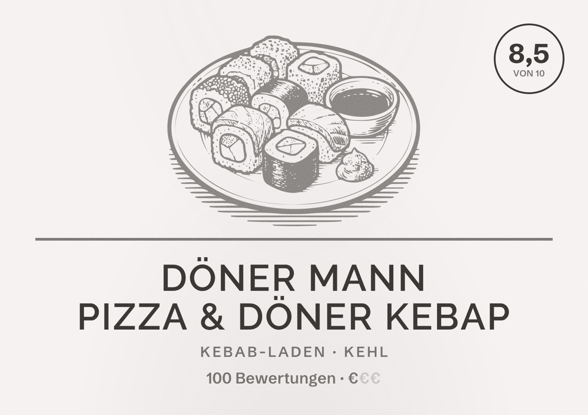 Illustriertes Poster von Döner Mann Pizza & Döner Kebap, Kebab-Laden in Kehl: Bewertung 8,5 von 10 aus 100 Bewertungen, Preisniveau €
