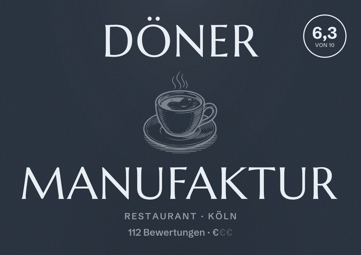 Illustriertes Poster von Döner Manufaktur, Restaurant in Köln: Bewertung 6,3 von 10 aus 112 Bewertungen, Preisniveau €
