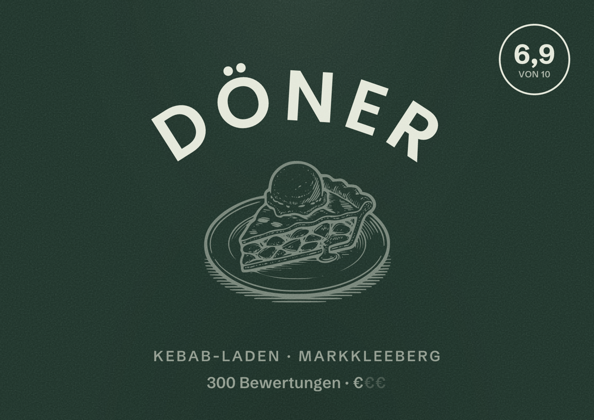 Illustriertes Poster von Döner, Kebab-Laden in Markkleeberg: Bewertung 6,9 von 10 aus 300 Bewertungen, Preisniveau €