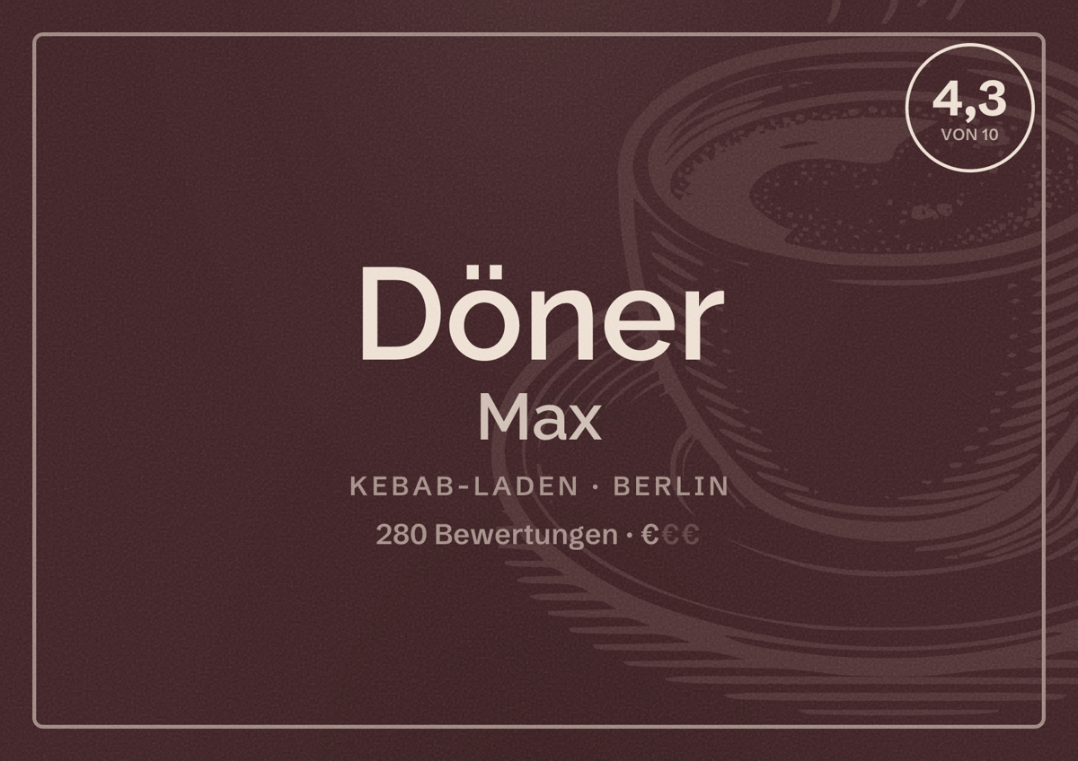 Illustriertes Poster von Döner Max, Kebab-Laden in Berlin: Bewertung 4,3 von 10 aus 280 Bewertungen, Preisniveau €