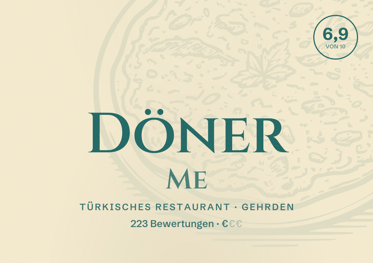 Illustriertes Poster von Döner Me, Türkisches Restaurant in Gehrden: Bewertung 6,9 von 10 aus 223 Bewertungen, Preisniveau €