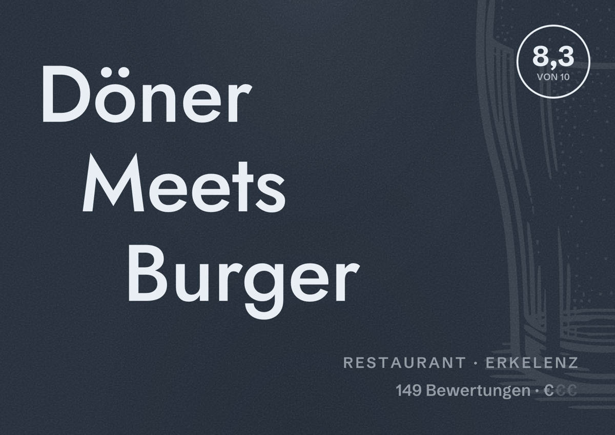 Illustriertes Poster von Döner Meets Burger, Restaurant in Erkelenz: Bewertung 8,3 von 10 aus 149 Bewertungen, Preisniveau €