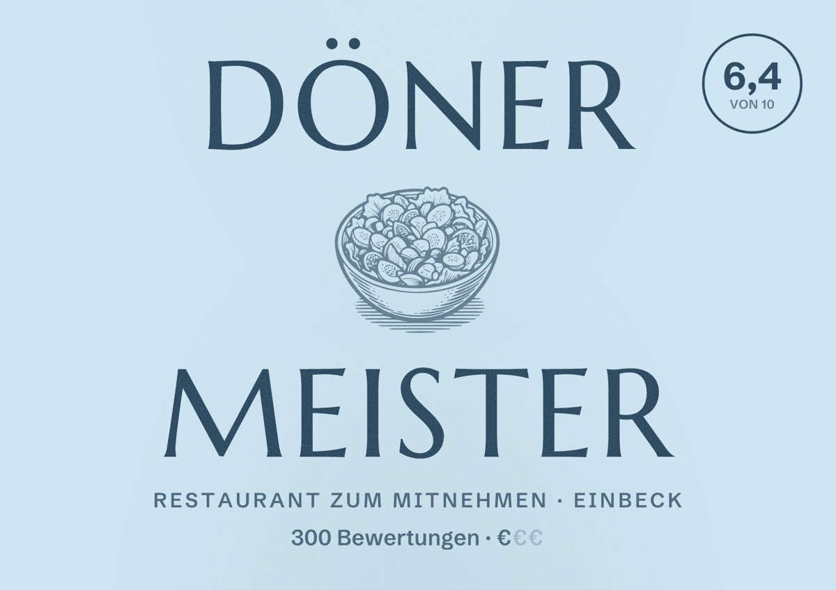 Illustriertes Poster von Döner Meister, Restaurant zum Mitnehmen in Einbeck: Bewertung 6,4 von 10 aus 300 Bewertungen, Preisniveau €