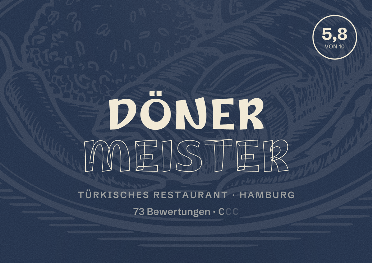 Illustriertes Poster von Döner Meister, Türkisches Restaurant in Hamburg: Bewertung 5,8 von 10 aus 73 Bewertungen, Preisniveau €