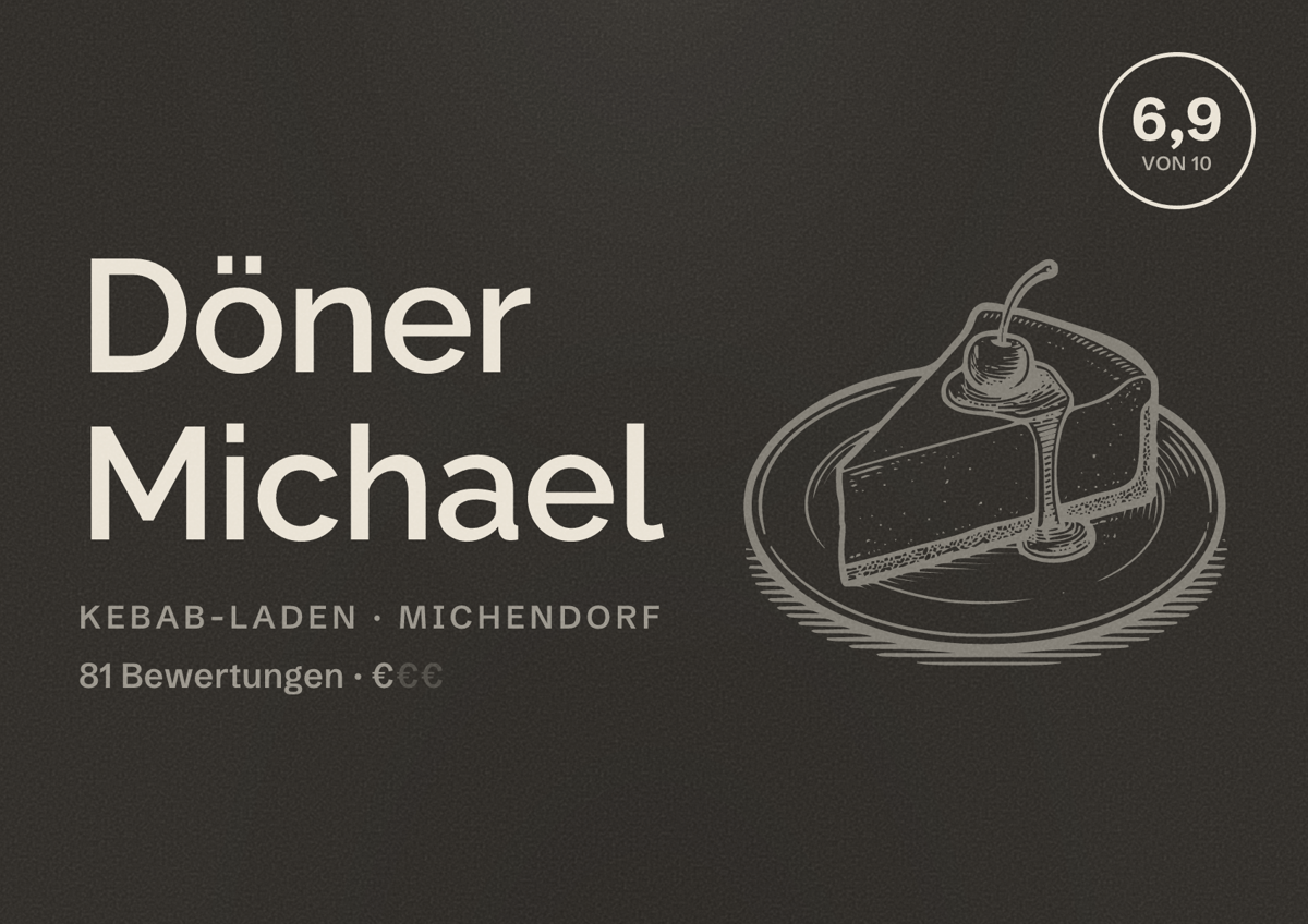 Illustriertes Poster von Döner Michael, Kebab-Laden in Michendorf: Bewertung 6,9 von 10 aus 81 Bewertungen, Preisniveau €