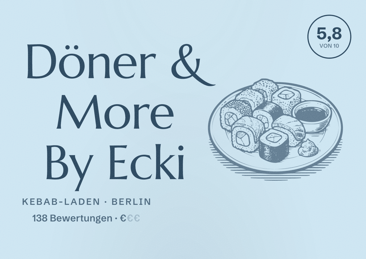 Illustriertes Poster von Döner & More By Ecki, Kebab-Laden in Berlin: Bewertung 5,8 von 10 aus 138 Bewertungen, Preisniveau €