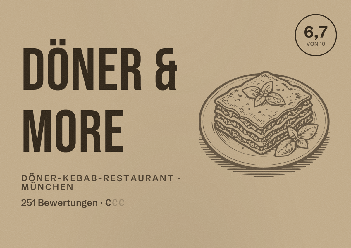 Illustriertes Poster von Döner & more, Döner-Kebab-Restaurant in München: Bewertung 6,7 von 10 aus 251 Bewertungen, Preisniveau €