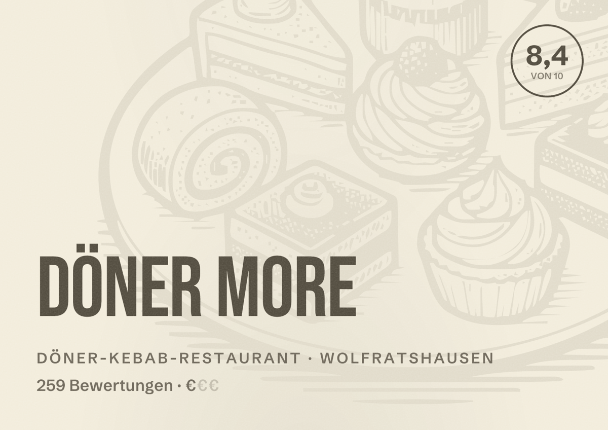 Illustriertes Poster von Döner MORE, Döner-Kebab-Restaurant in Wolfratshausen: Bewertung 8,4 von 10 aus 259 Bewertungen, Preisniveau €