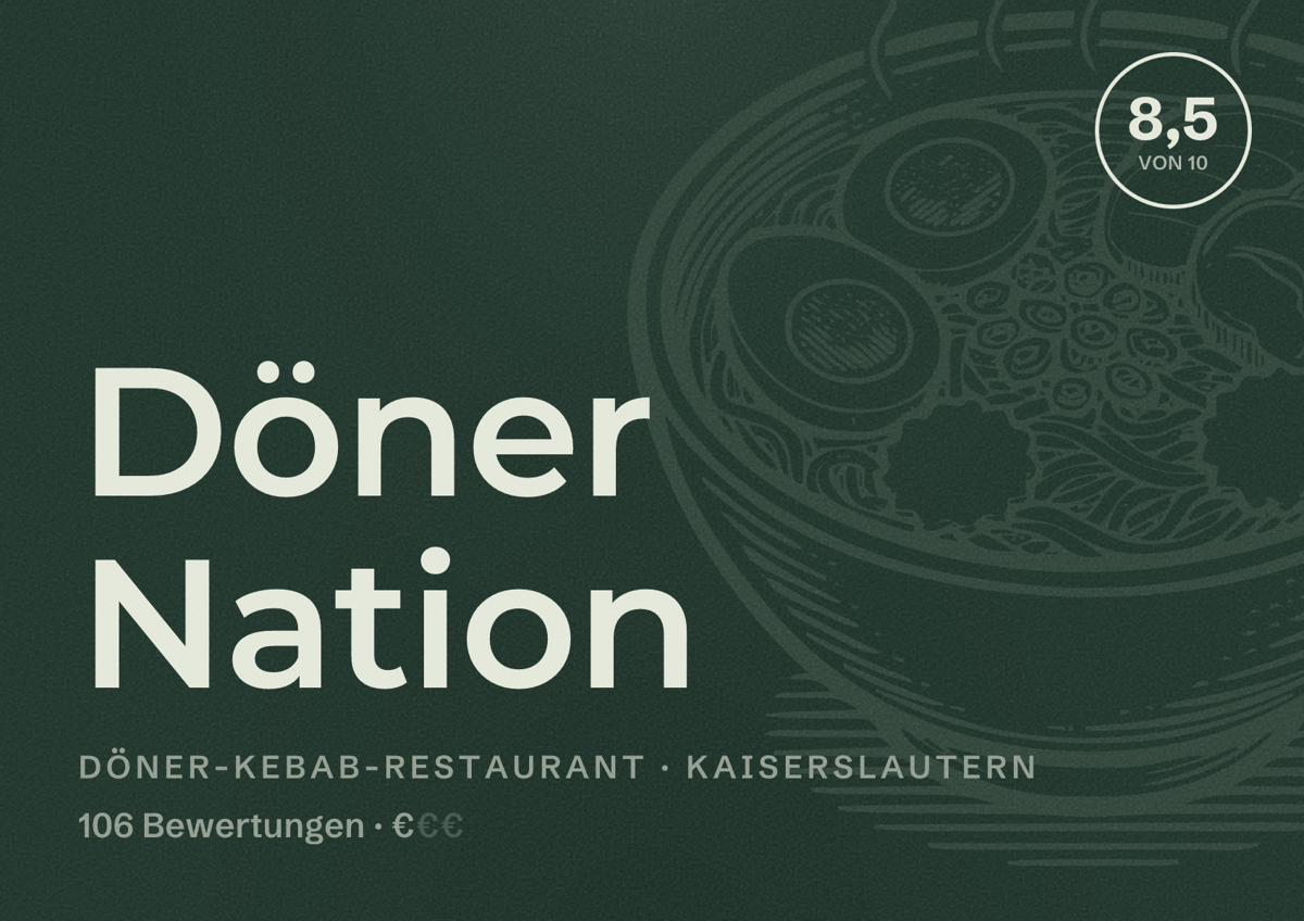 Illustriertes Poster von Döner Nation, Döner-Kebab-Restaurant in Kaiserslautern: Bewertung 8,5 von 10 aus 106 Bewertungen, Preisniveau €