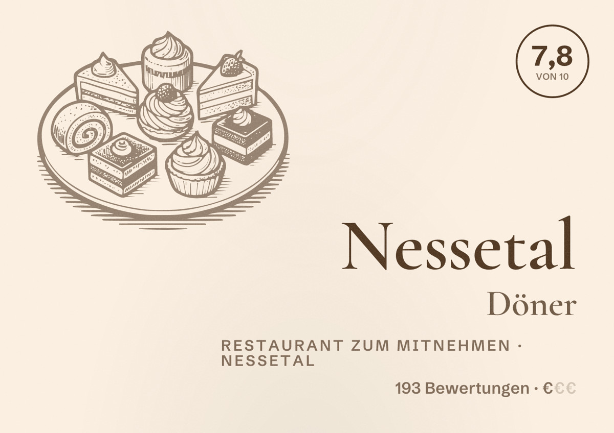 Illustriertes Poster von Nessetal Döner, Restaurant zum Mitnehmen in Nessetal: Bewertung 7,8 von 10 aus 193 Bewertungen, Preisniveau €