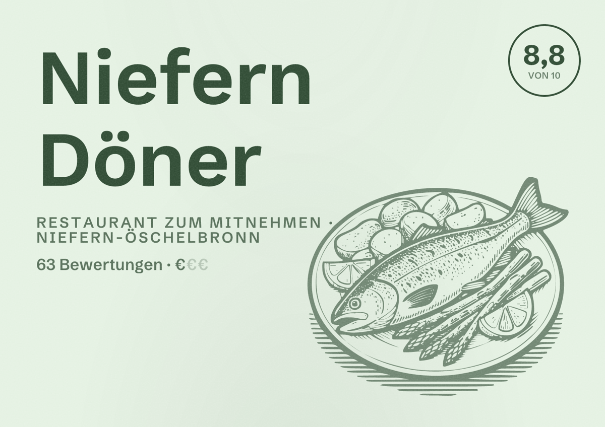 Illustriertes Poster von Niefern Döner, Restaurant zum Mitnehmen in Niefern-Öschelbronn: Bewertung 8,8 von 10 aus 63 Bewertungen, Preisniveau €