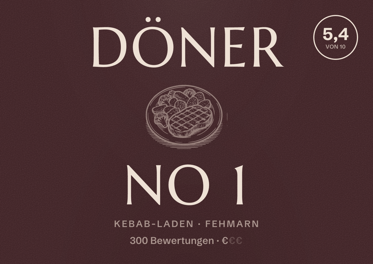 Illustriertes Poster von Döner No 1, Kebab-Laden in Fehmarn: Bewertung 5,4 von 10 aus 300 Bewertungen, Preisniveau €
