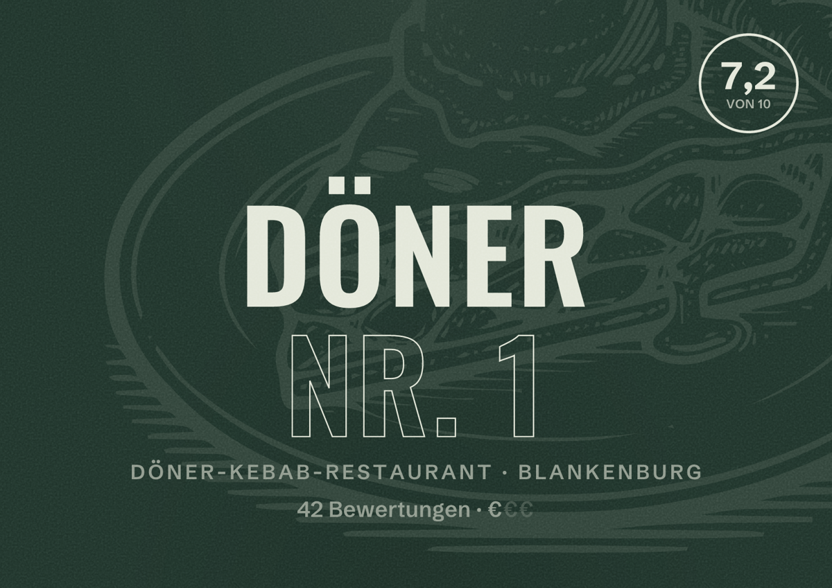 Illustriertes Poster von Döner Nr. 1, Döner-Kebab-Restaurant in Blankenburg: Bewertung 7,2 von 10 aus 42 Bewertungen, Preisniveau €