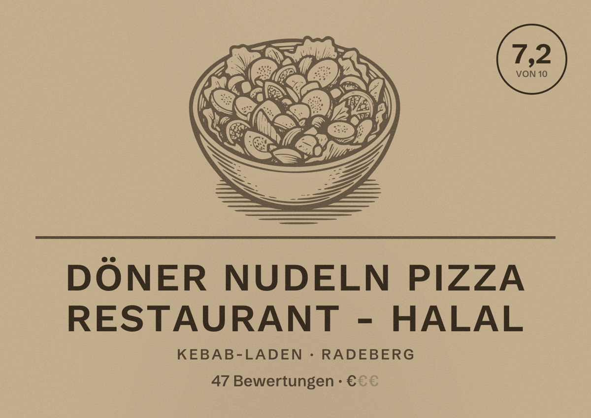 Illustriertes Poster von Döner Nudeln Pizza Restaurant - Halal, Kebab-Laden in Radeberg: Bewertung 7,2 von 10 aus 47 Bewertungen, Preisniveau €
