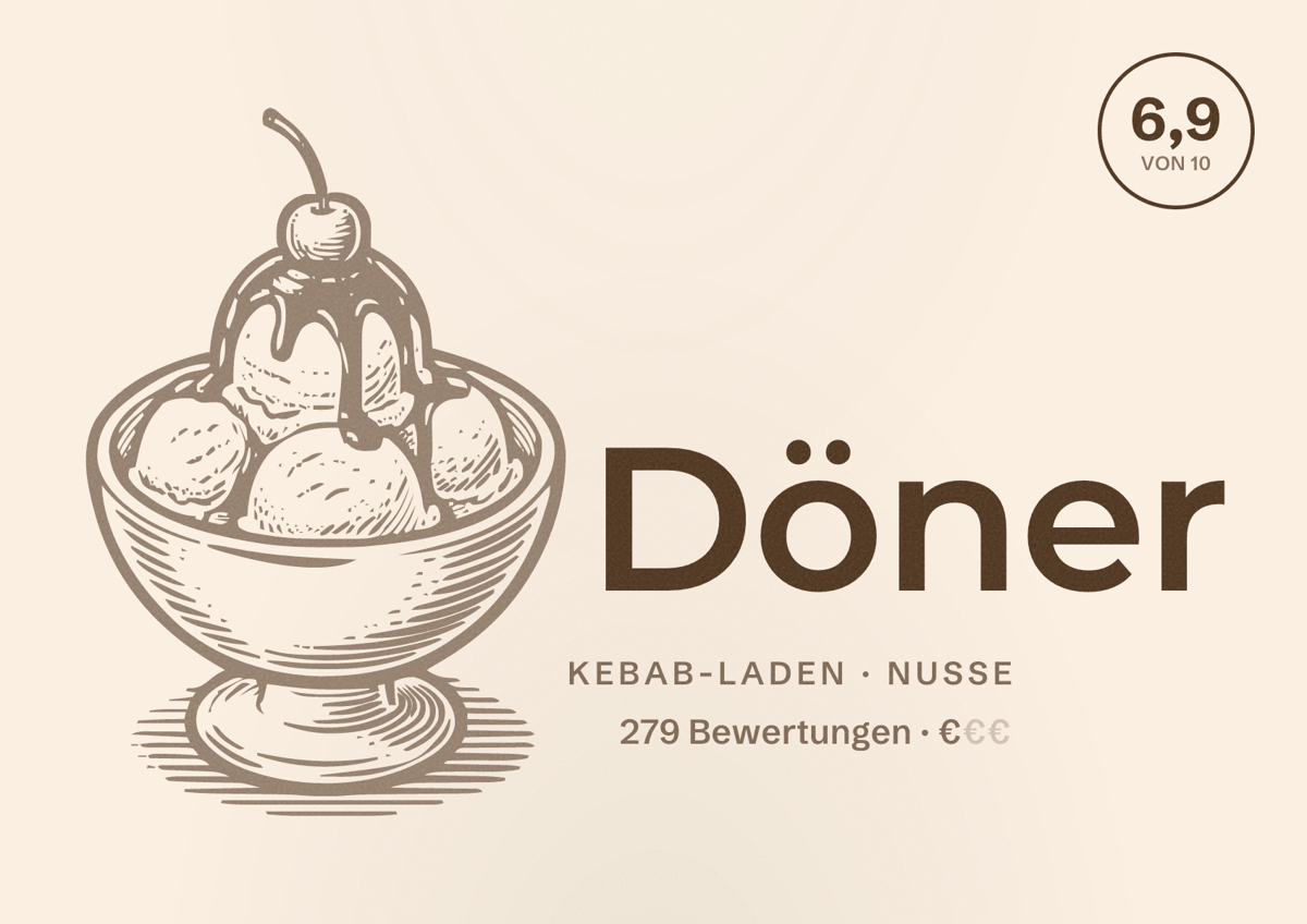 Illustriertes Poster von Döner, Kebab-Laden in Nusse: Bewertung 6,9 von 10 aus 279 Bewertungen, Preisniveau €