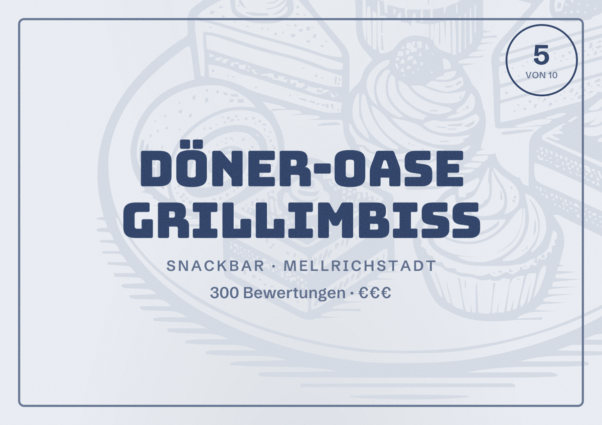 Illustriertes Poster von Döner-Oase Grillimbiß, Snackbar in Mellrichstadt: Bewertung 5 von 10 aus 300 Bewertungen, Preisniveau €€€