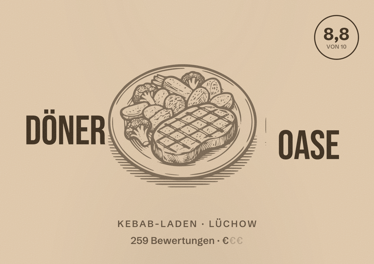 Illustriertes Poster von Döner Oase, Kebab-Laden in Lüchow: Bewertung 8,8 von 10 aus 259 Bewertungen, Preisniveau €